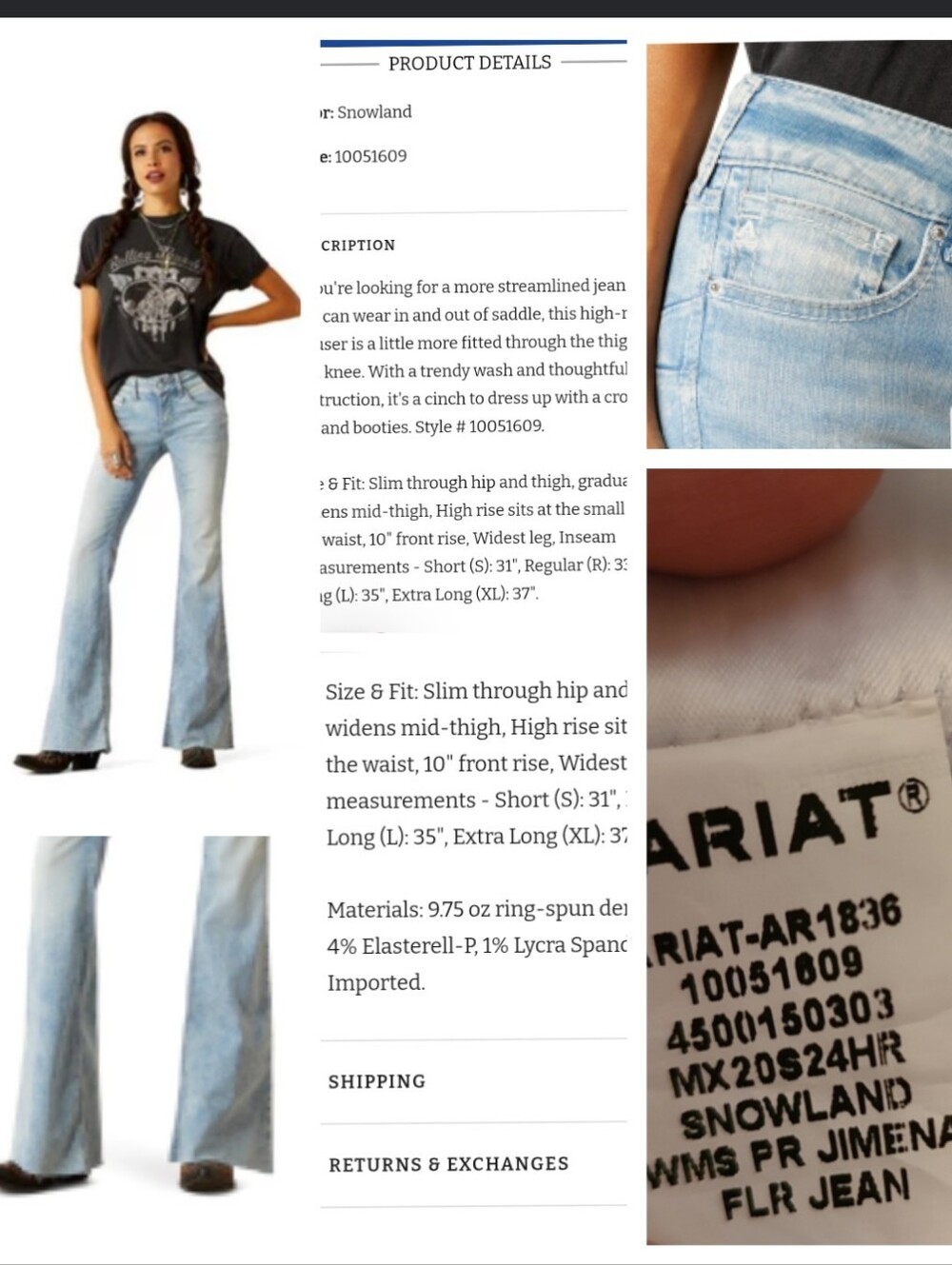Ariat Perfect Rise Flare Jimena Jean In Snowland Light Wash Raw Hem - Picture 17 of 17